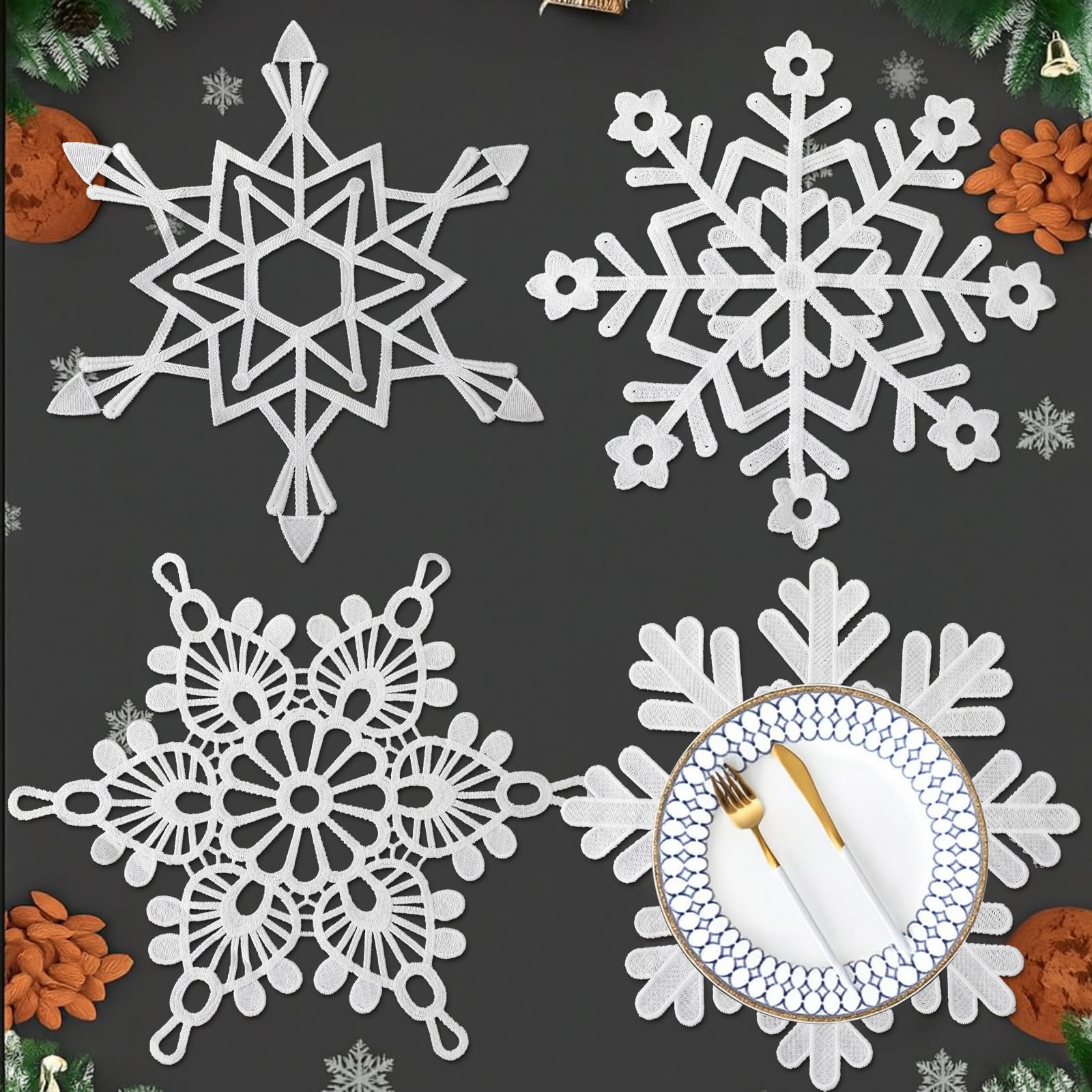 Mantel Gandeer con copo de nieve de 12 pulgadas para mesa elegante.