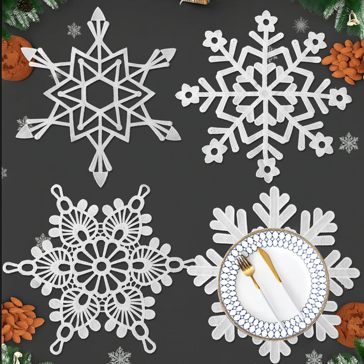 Mantel Gandeer con copo de nieve de 12 pulgadas para mesa elegante.