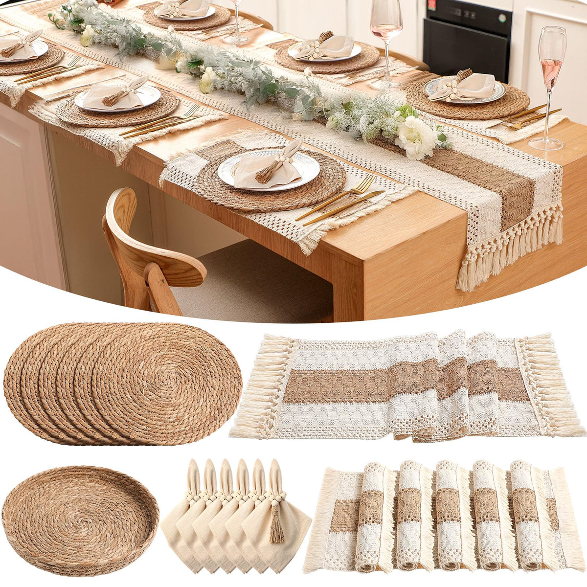 Manteles redondos boho de Gandeer para proteger la mesa y decorar.