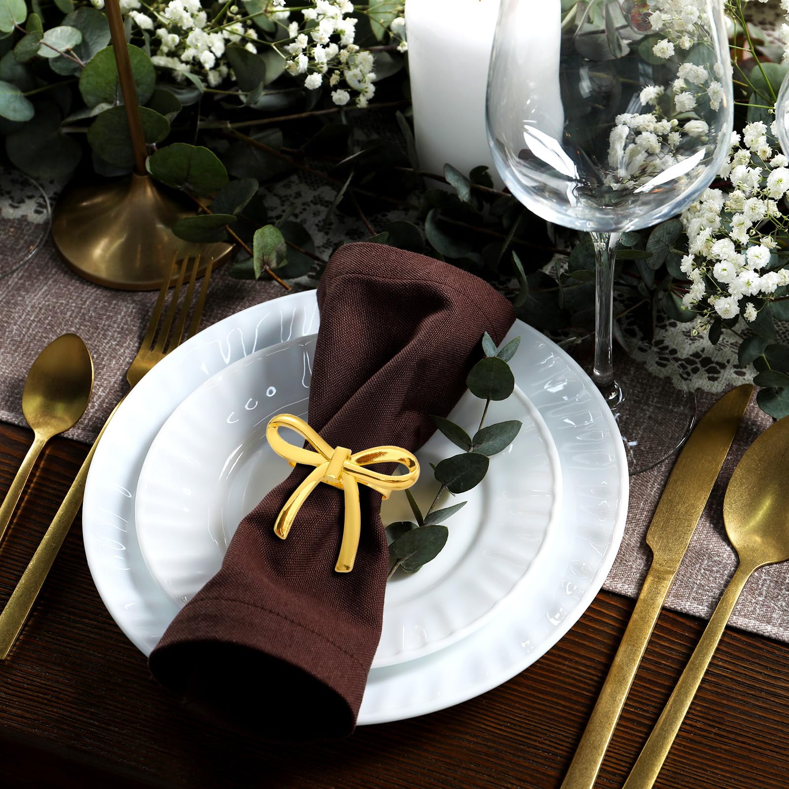 Gandeer, mesa de banquete con anillos dorados para servilleta, mejora la presentación.