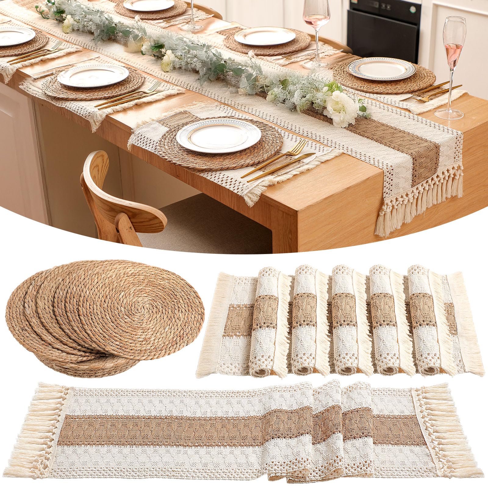 Salvamanteles bohemios redondos de Gandeer que protegen la mesa de quemaduras.