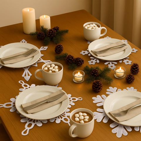 Uso en interiores con vajilla: mantel decorativo de Gandeer.