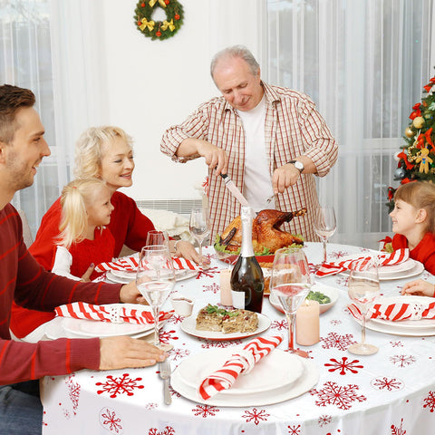 Mantel Ganeen copos de nieve, material resistente y apto para fiestas.
