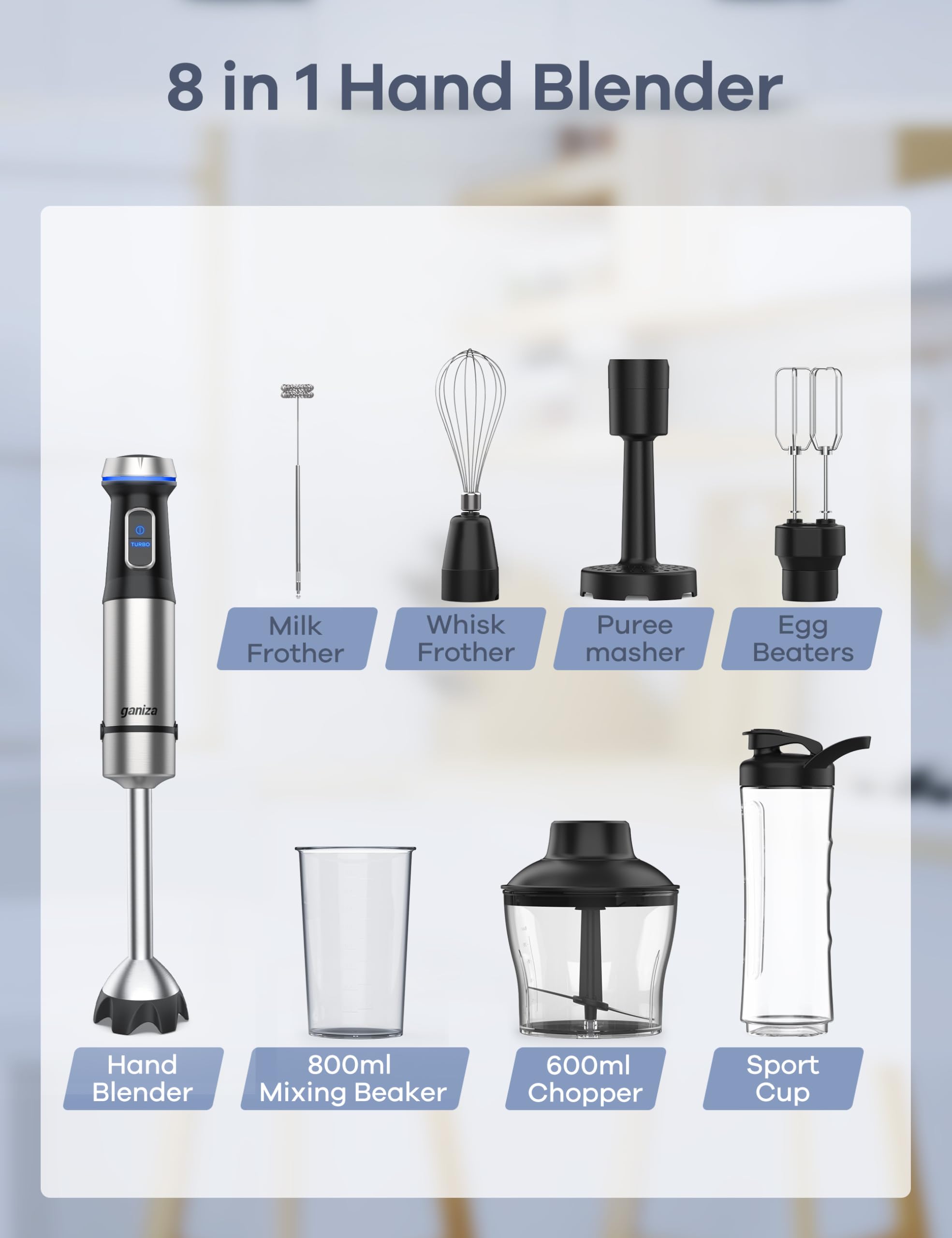 Ganiza batidora de inmersión accesorios 8 piezas para mezclar, picar y espumar.