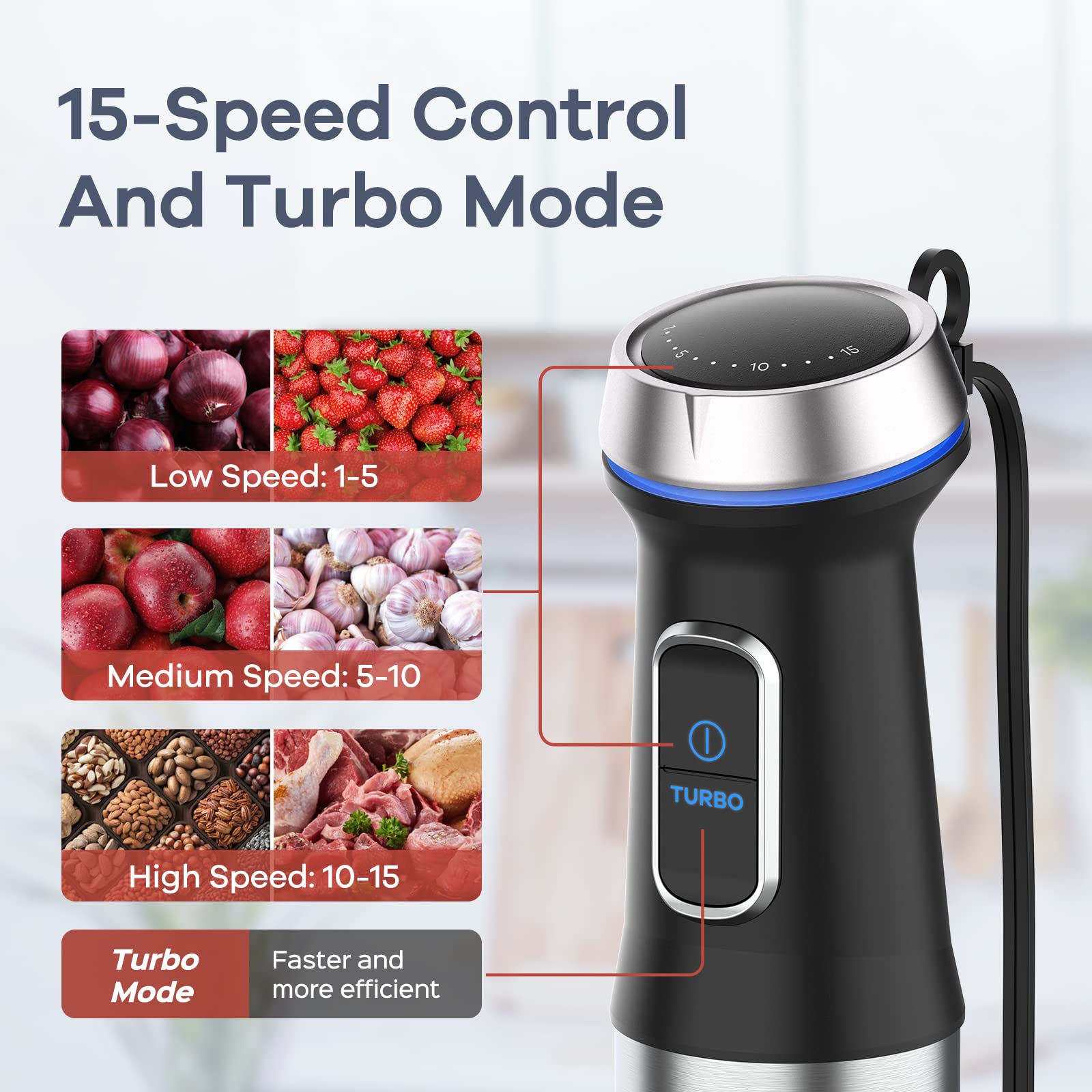 Ganiza batidora de inmersión con 15 velocidades y turbo para control preciso de texturas.