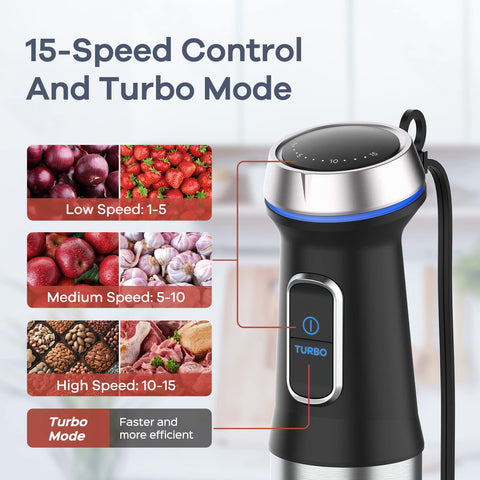 Ganiza batidora de inmersión con 15 velocidades y turbo para control preciso de texturas.