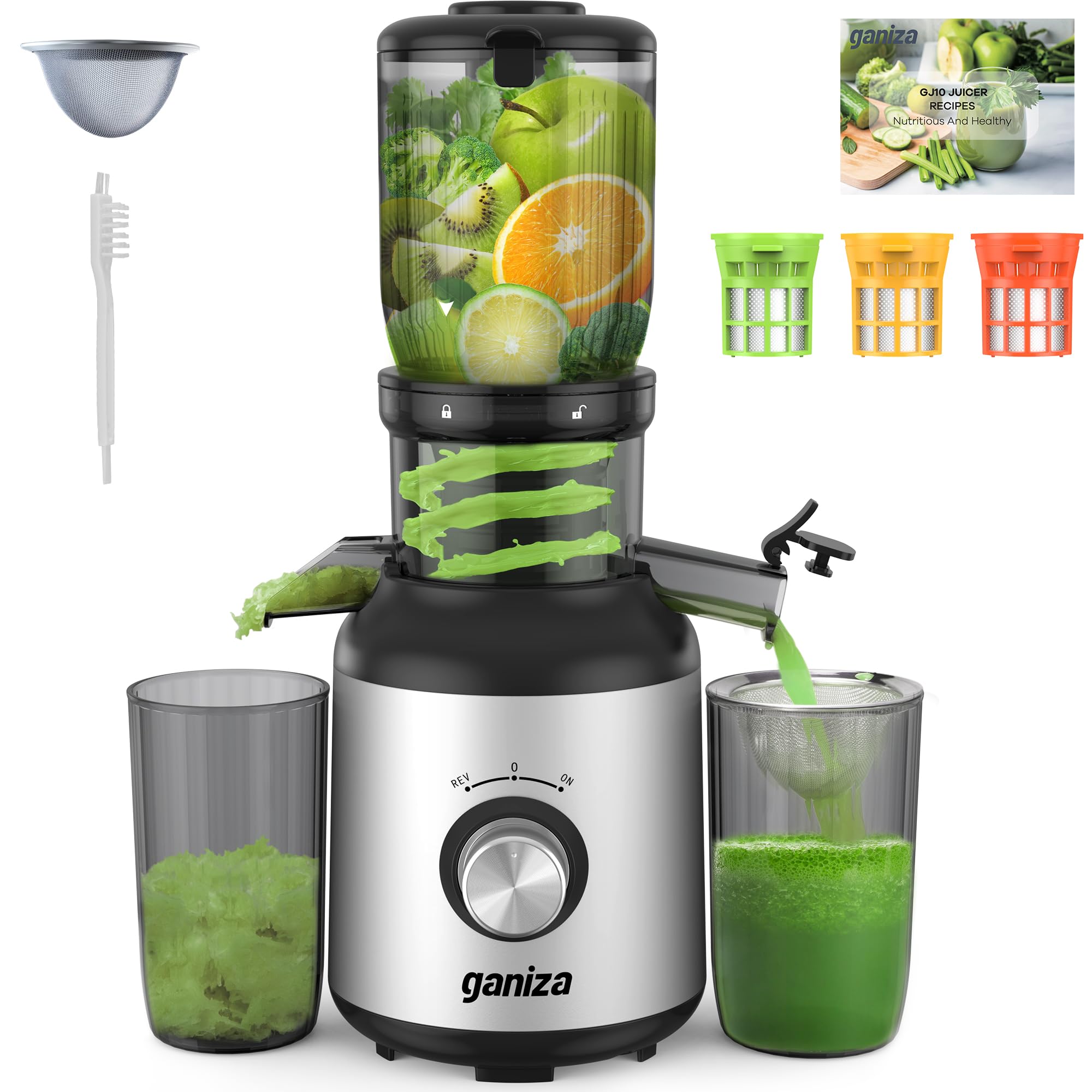 Licuadora Ganiza Prensa Fría con tres filtros desmontables para jugos más suaves