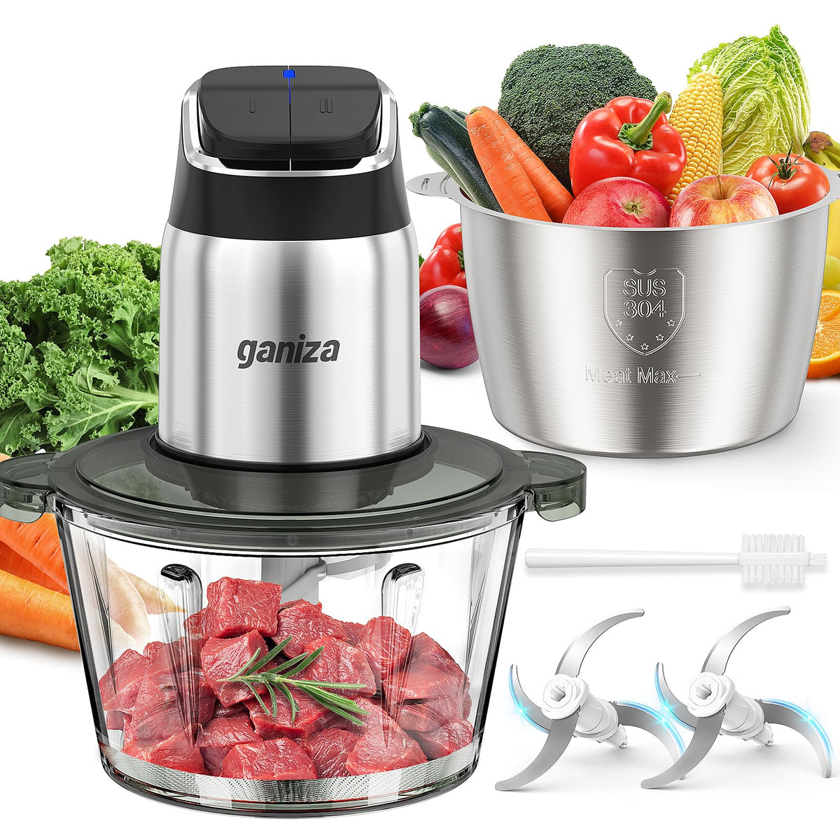 Ganiza procesador de alimentos con diseño de botones patentado para uso cómodo y estable.