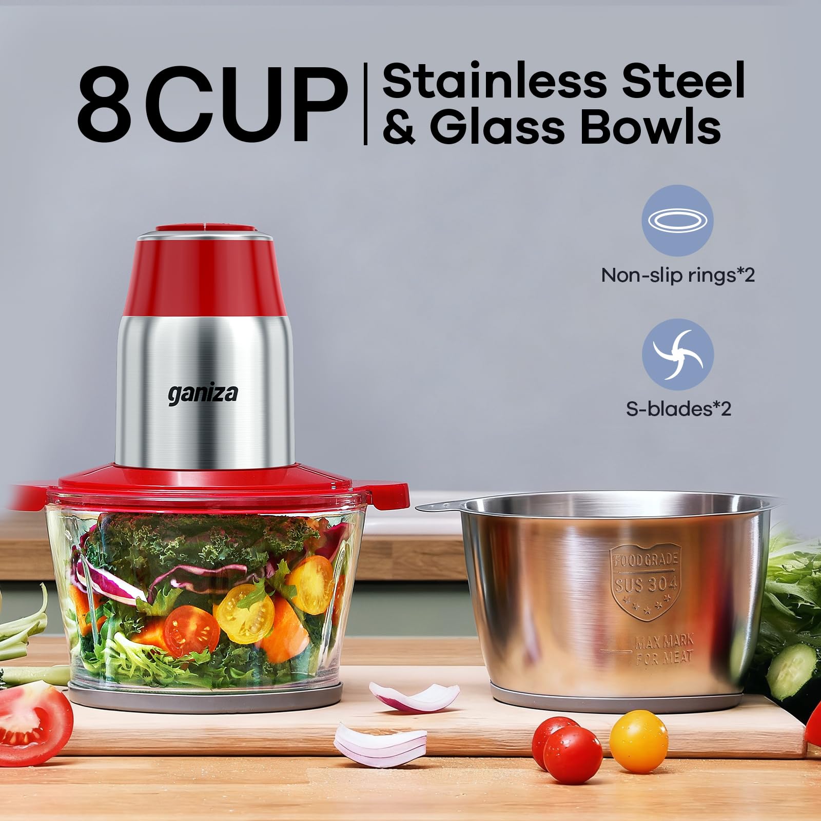 Ganiza procesador con cuenco de acero 8 tazas, perfecto para mezclar carne y verduras.