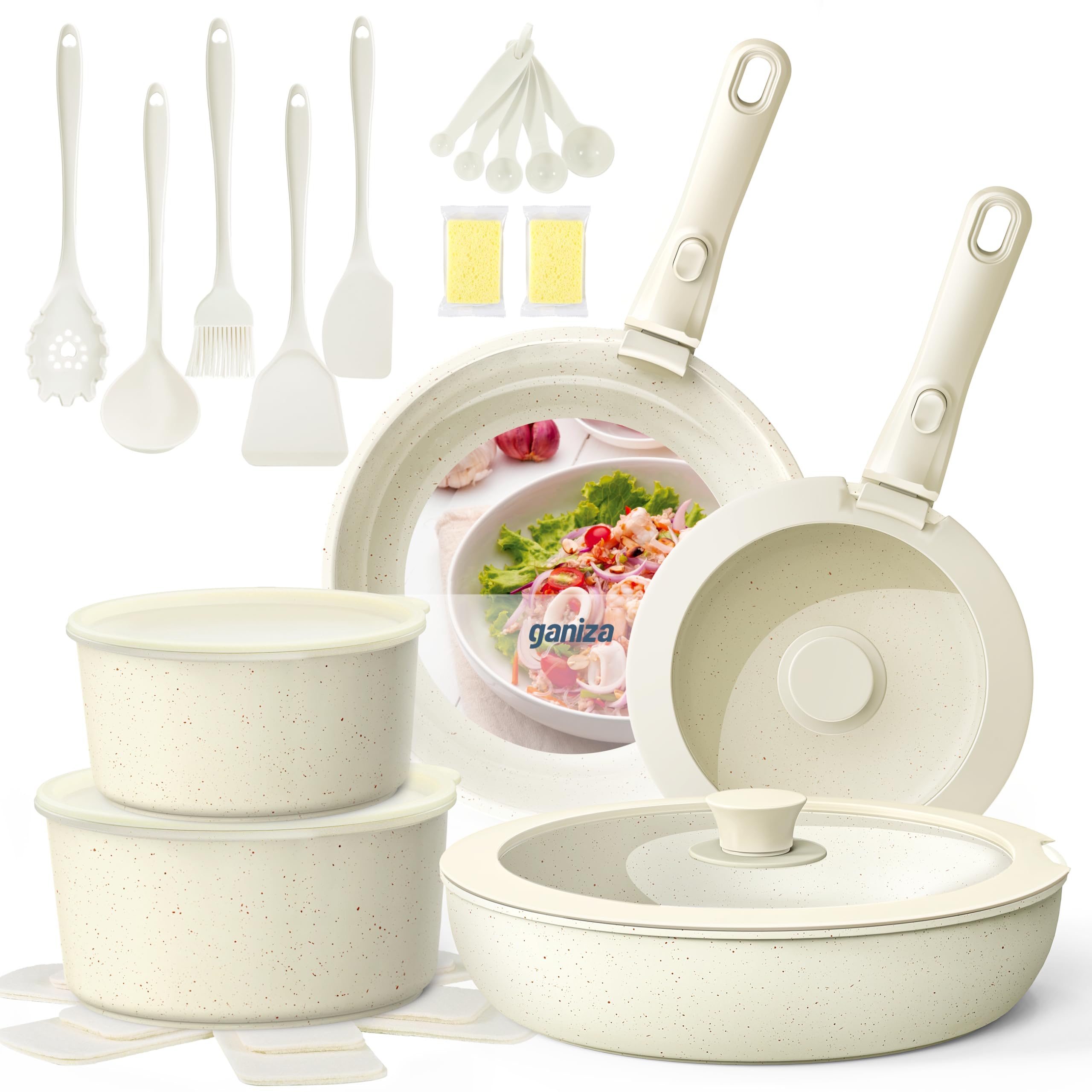 Ganiza set de cocina antiadherente con asas desmontables para almacenamiento compacto.