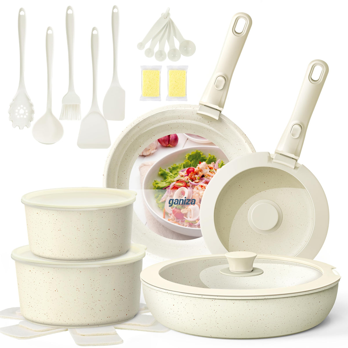 Ganiza set de cocina antiadherente con asas desmontables para almacenamiento compacto.