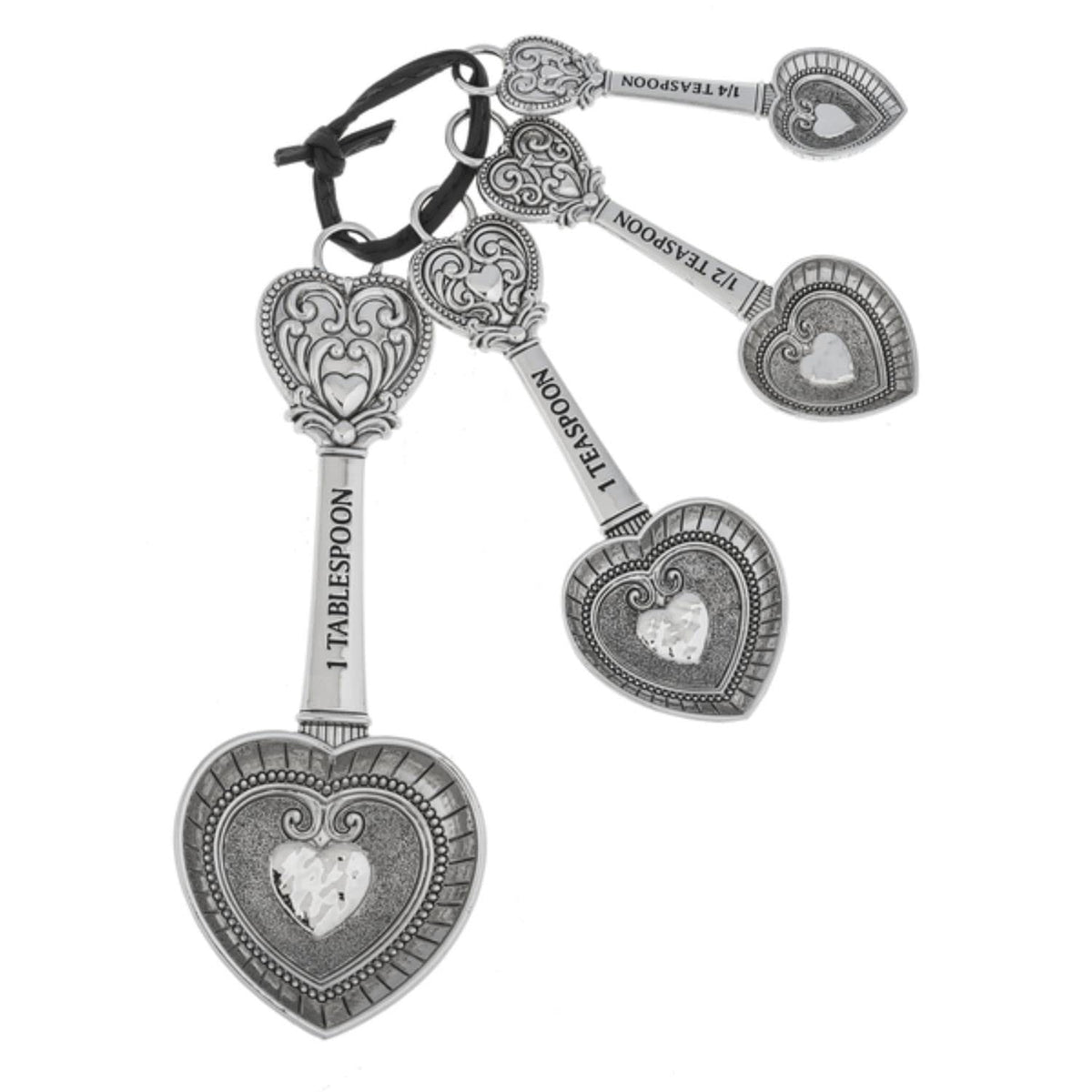 Cucharas medidoras Ganz ER48885 con corazones en zinc, listas para medir ingredientes.
