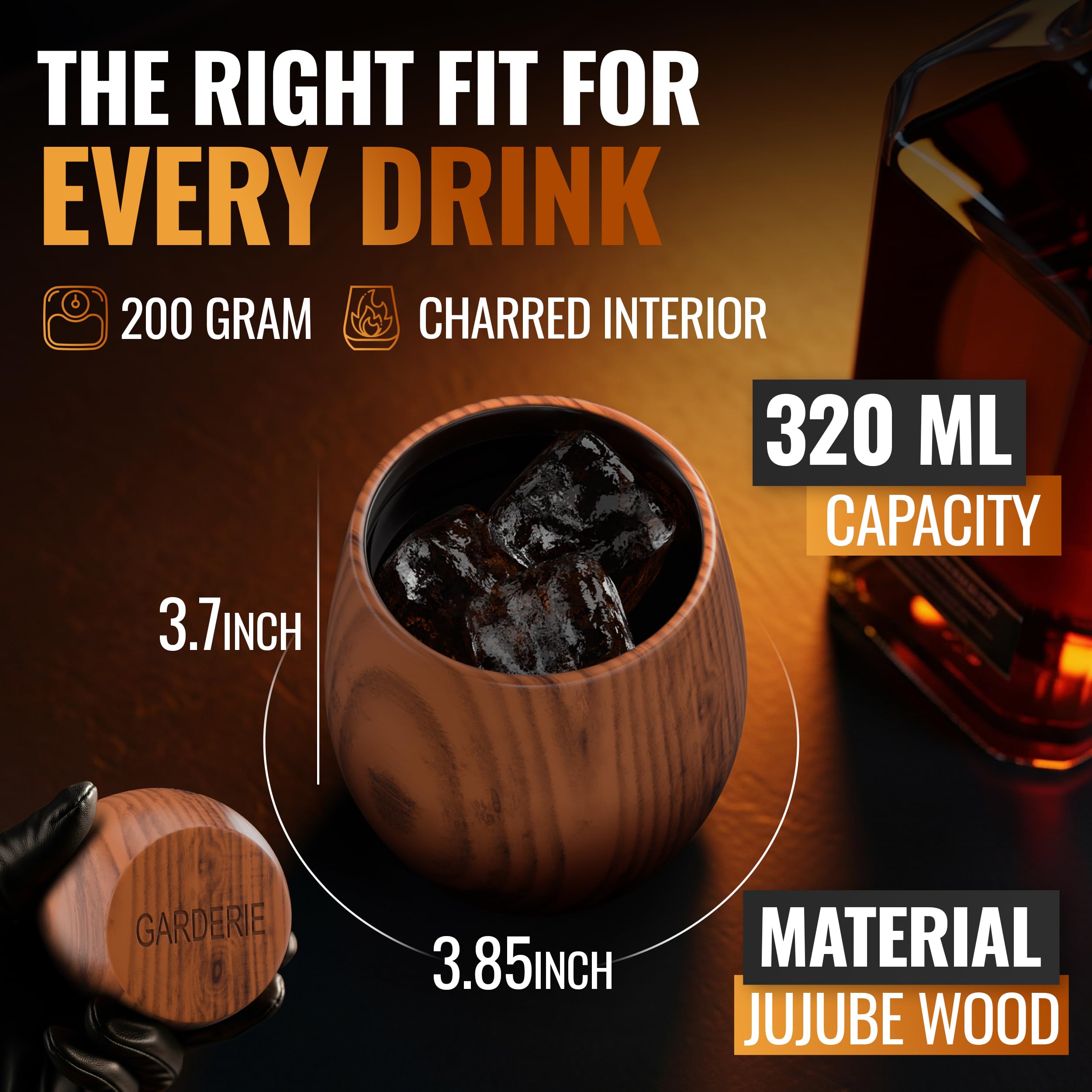 Vaso Garderie para bourbon con madera carbonizada, regalo seguro.