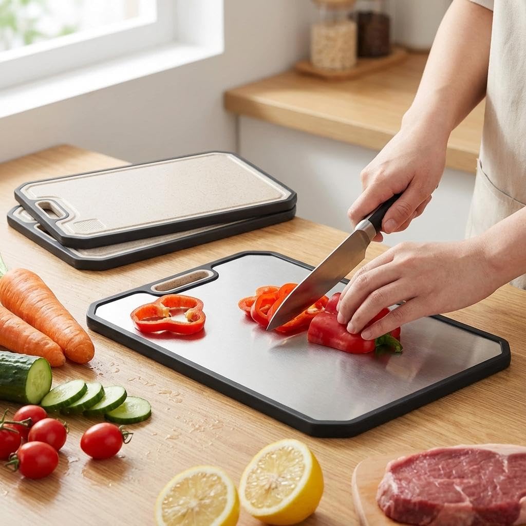 Garvee tabla de corte con surco de jugos profundo para contener derrames.