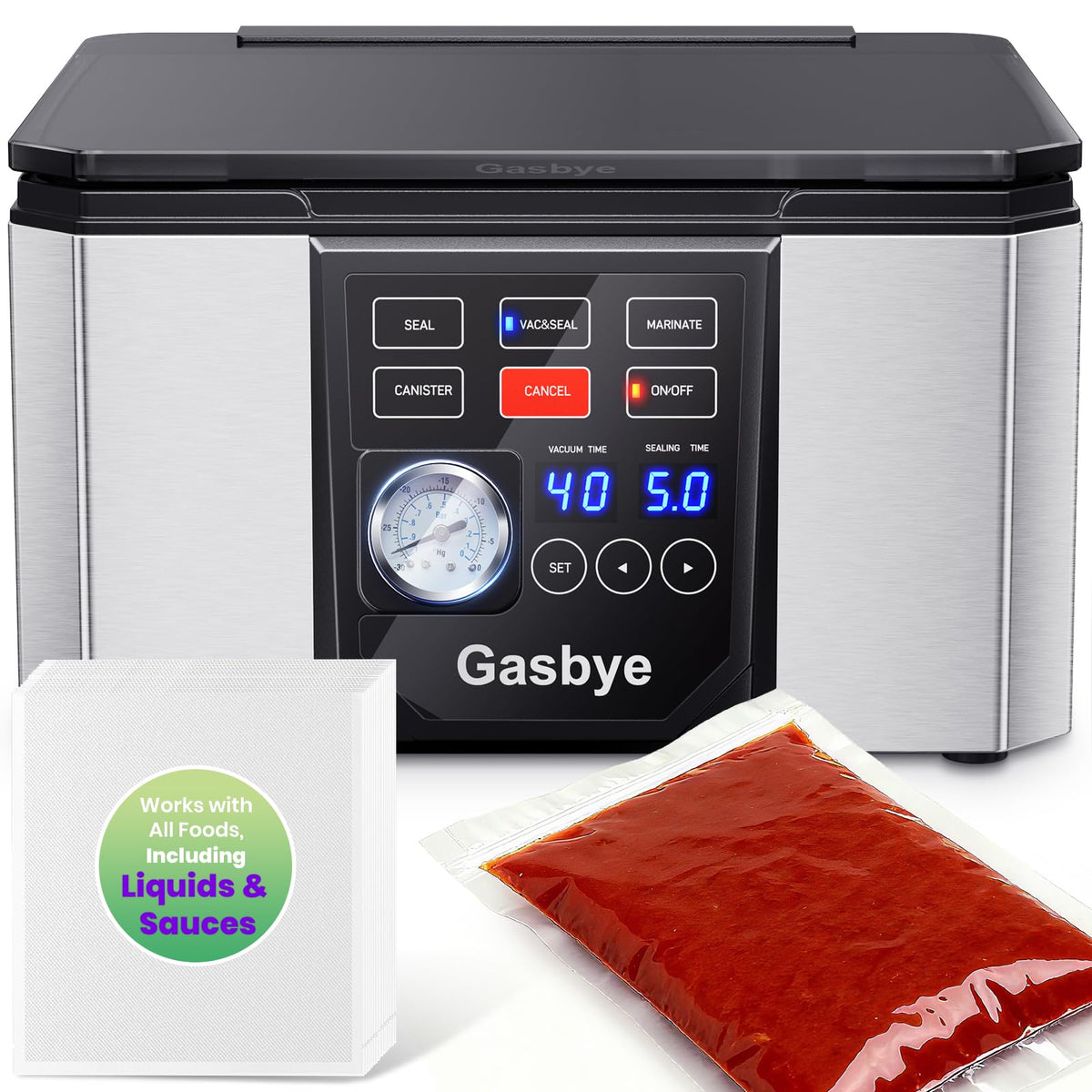 Gasbye Sellador de cámara, vista frontal, para sellar carnes y caldos rápidamente