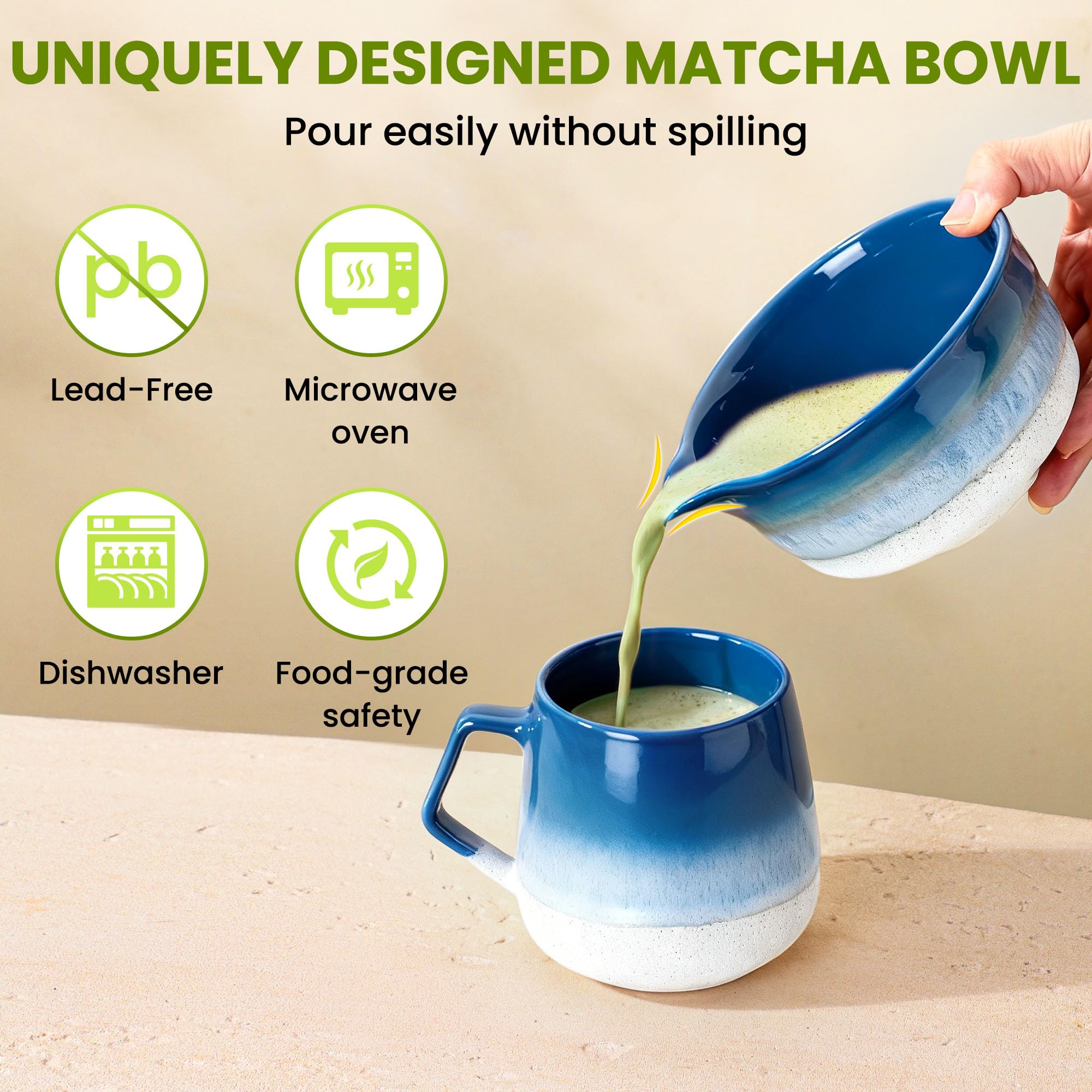 Tazón de matcha cerámico GBBG Desert Series en azul para mezclas suaves.