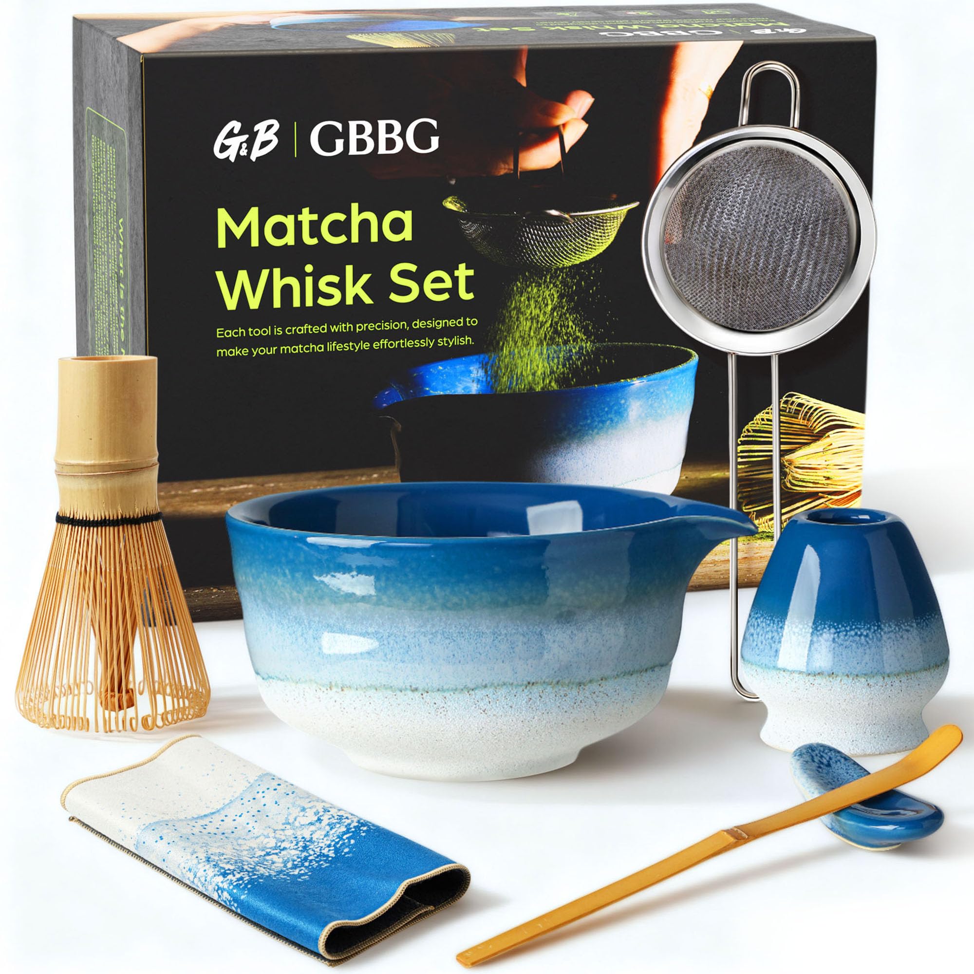 Batidor de matcha cerámico GBBG Desert Series, diseño azul, textura única.