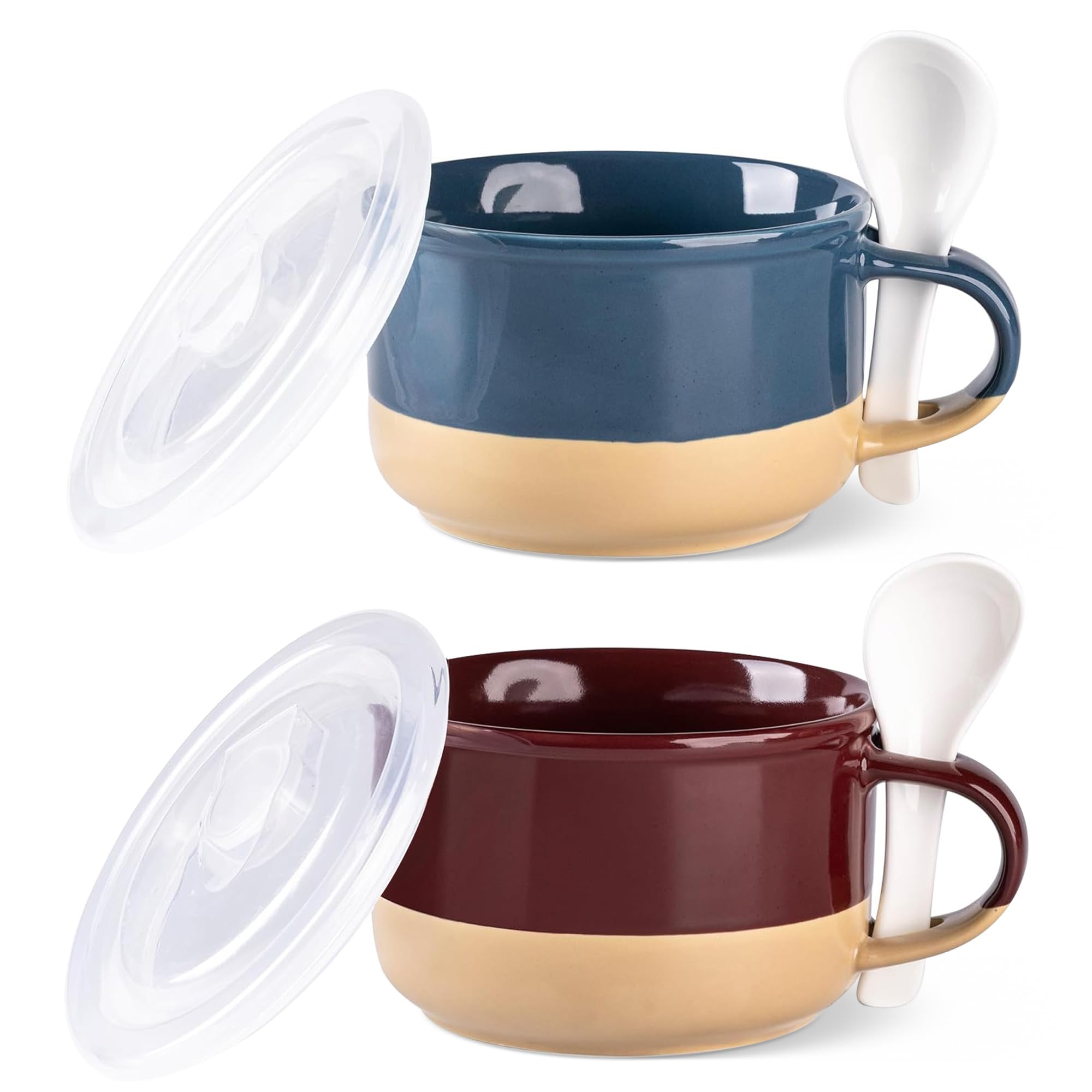 GBhome tazas de sopa cerámicas con tapa y cuchara, ideales para sopa caliente