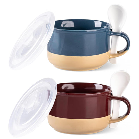 GBhome tazas de sopa cerámicas con tapa y cuchara, ideales para sopa caliente
