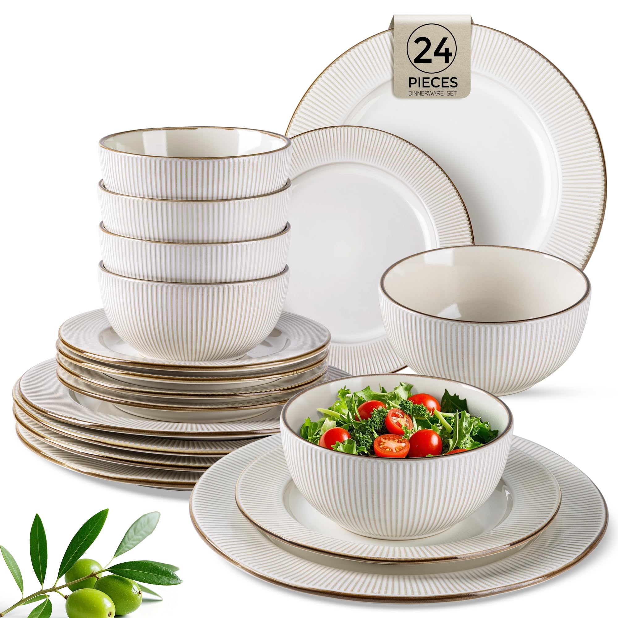 GBHOME vajilla cerámica 24 piezas, platos y tazones con relieve para mesa elegante