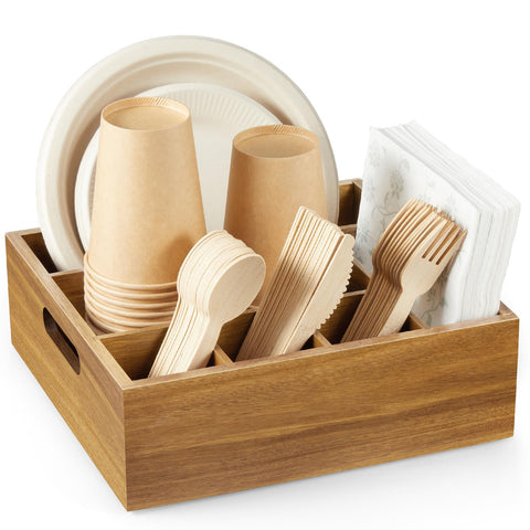 GCWSTJK bandeja de utensilios de acacia con seis compartimentos, ideal para fiestas y picnics.