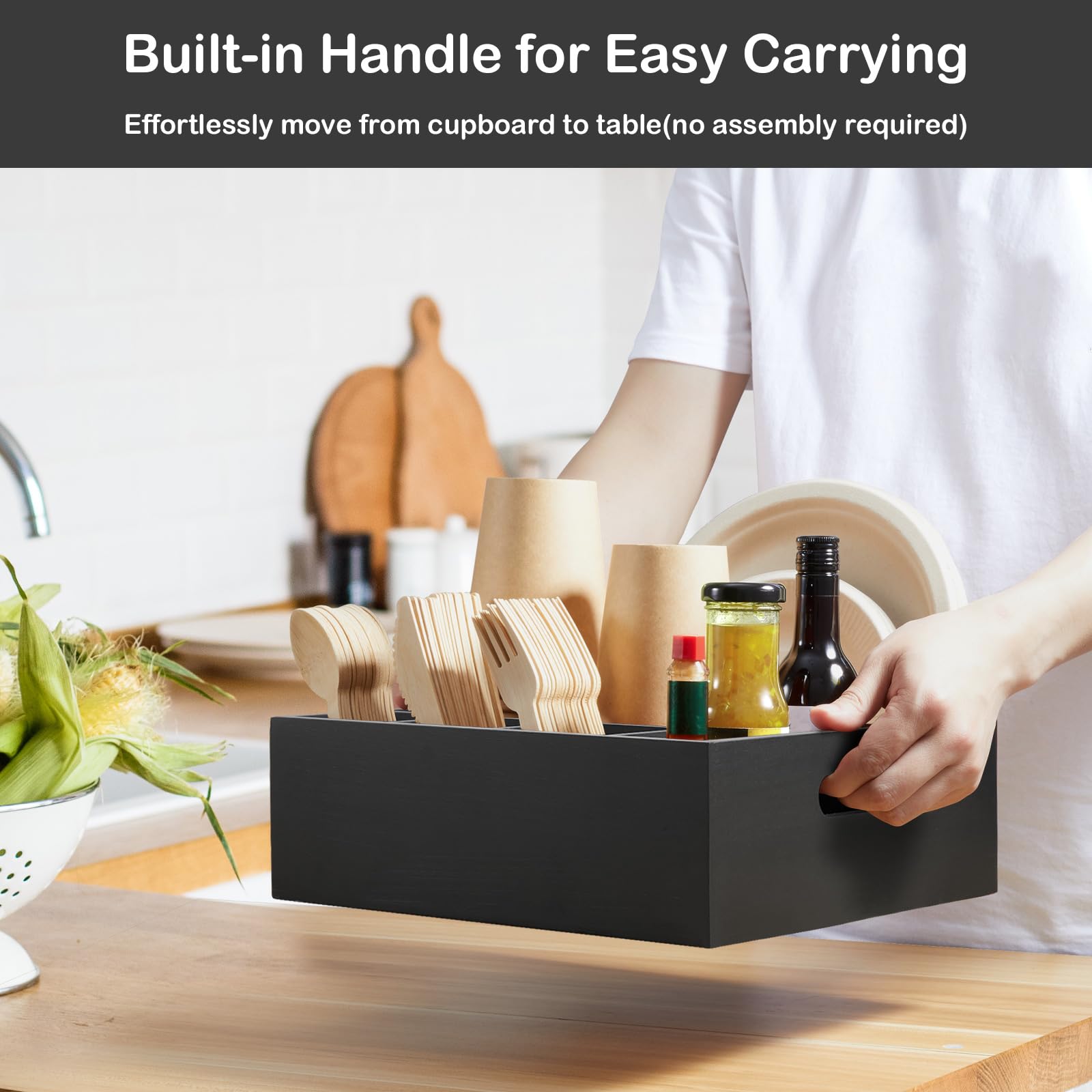 GCWSTJK organizador de platos desechables de madera en negro para buffets.