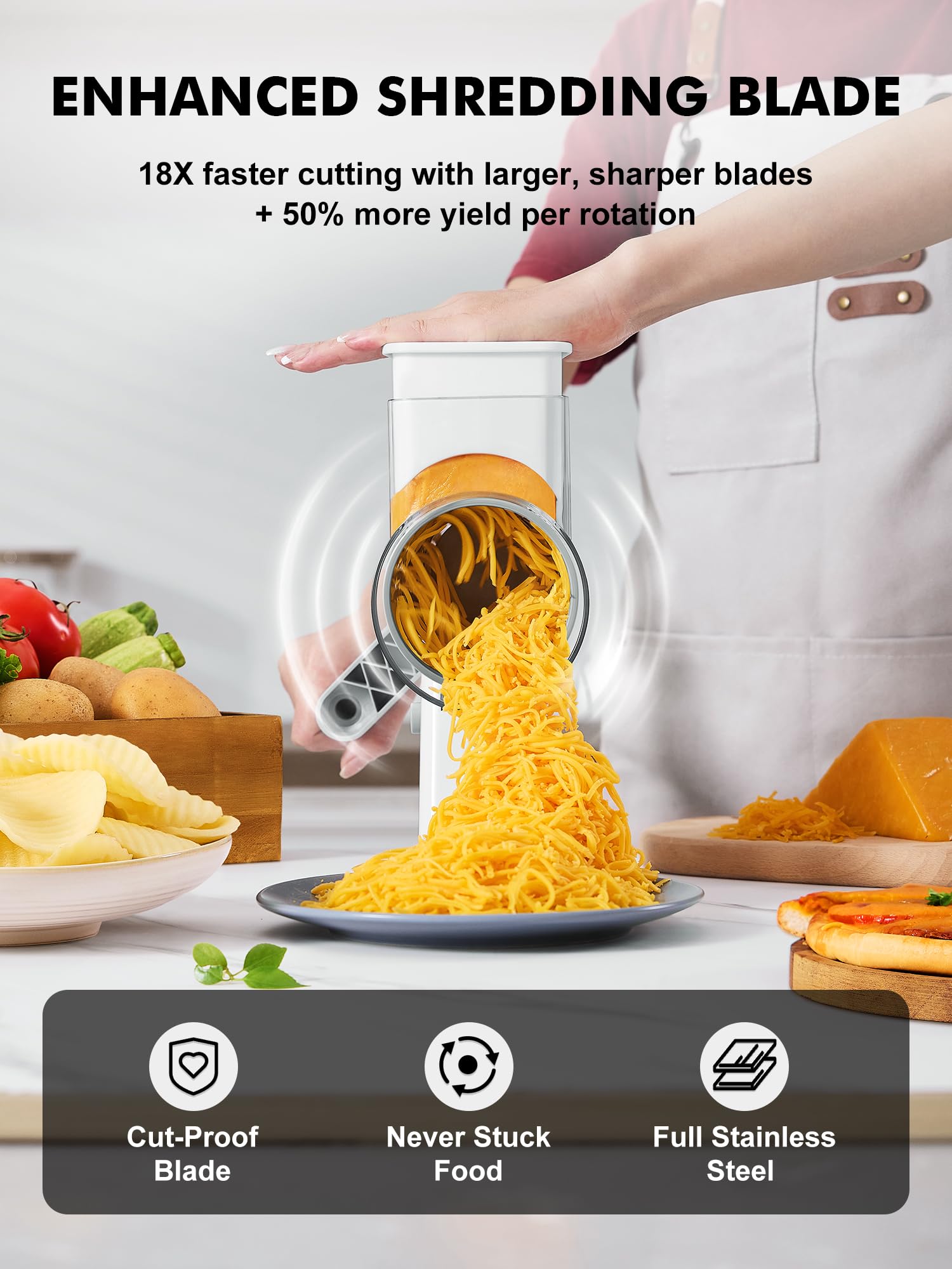 GDL rallador queso piezas desmontables para limpieza rápida.