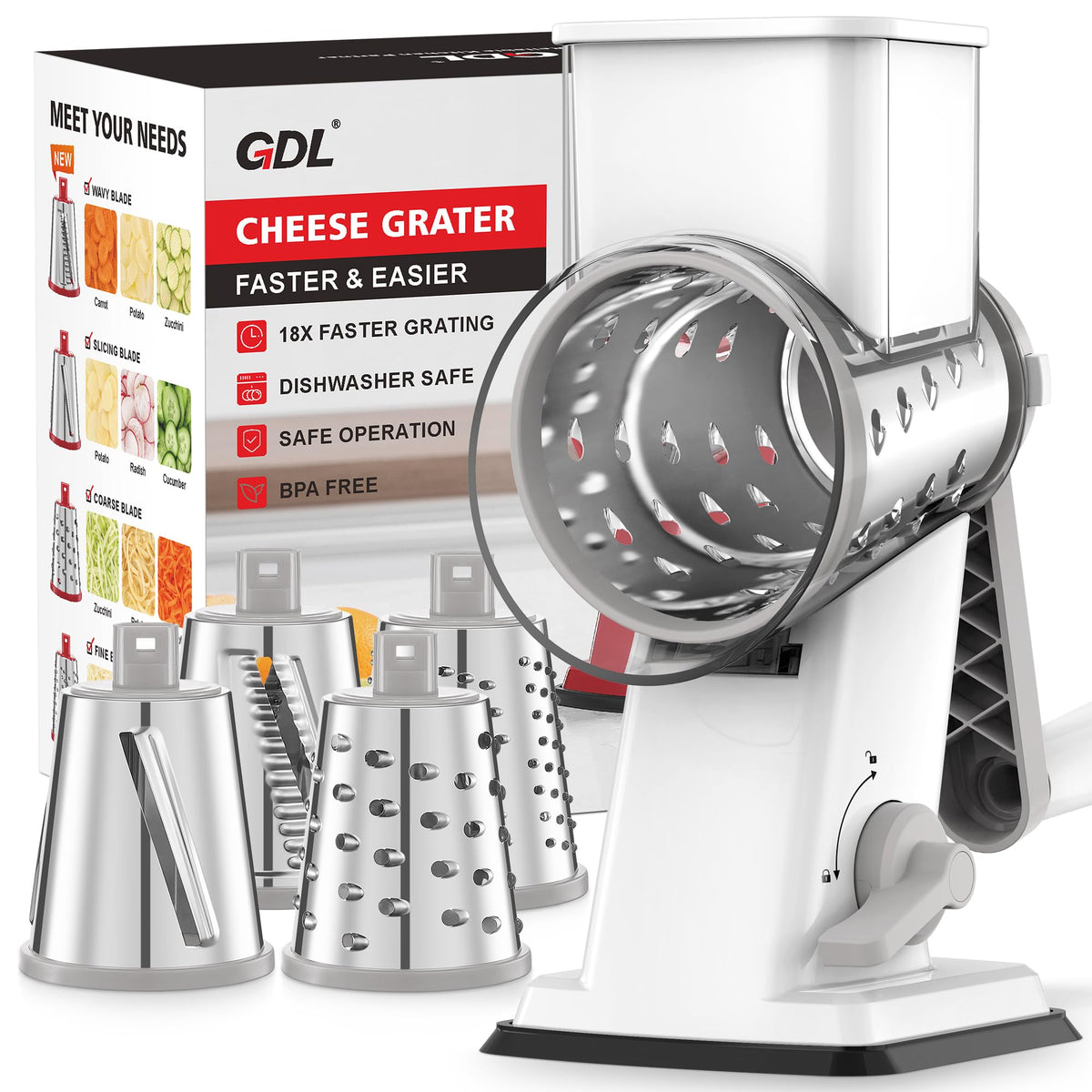 GDL Rallador de queso con base antideslizante para seguridad.