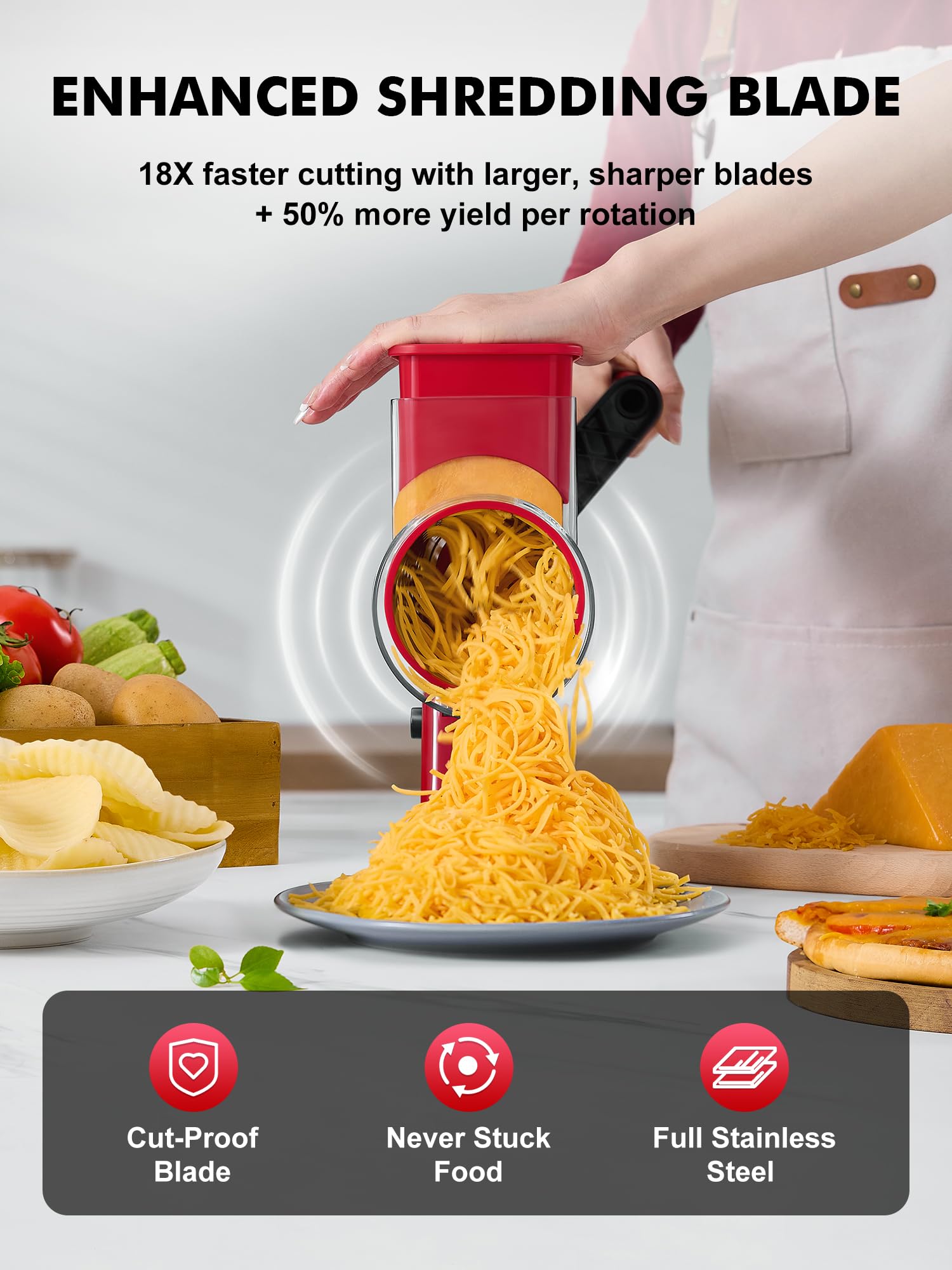GDL Rallador de verduras con tubo de alimentación amplio para ingredientes grandes.