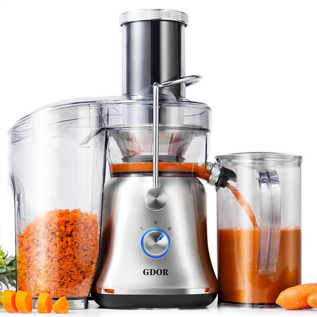 GDOR 1300W con tubo de alimentación 3,4 pulgadas facilita introducir frutas enteras para jugo rápido.