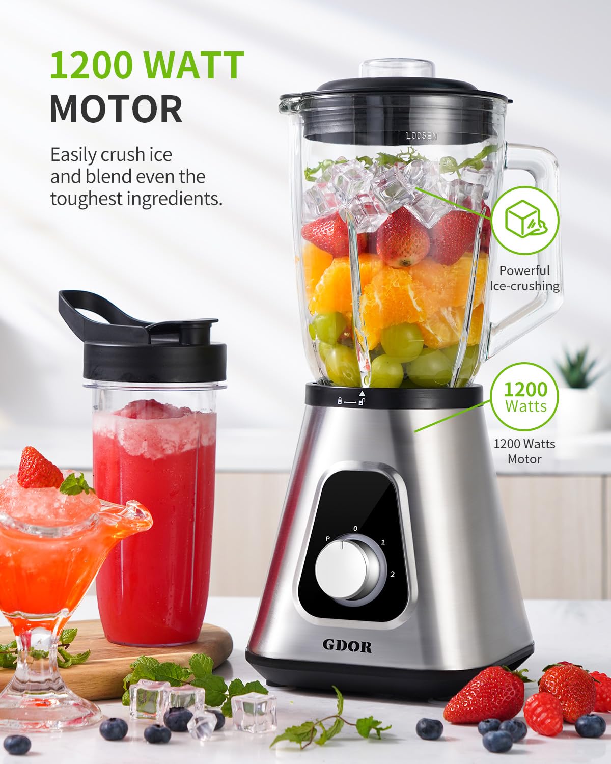 GDOR 1200W Blender, jarra de vidrio 52oz para porciones grandes