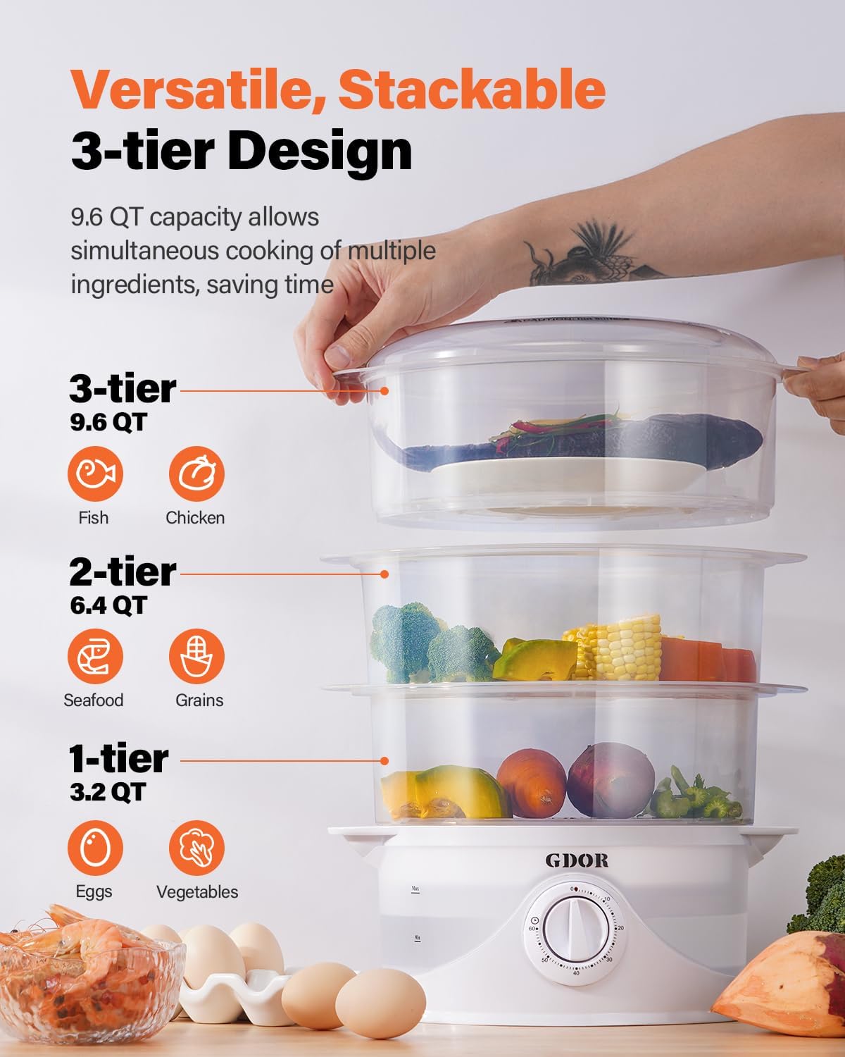 GDOR vaporera 3 niveles bandejas extraibles para cocinar varios ingredientes a la vez