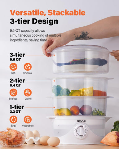 GDOR vaporera 3 niveles bandejas extraibles para cocinar varios ingredientes a la vez