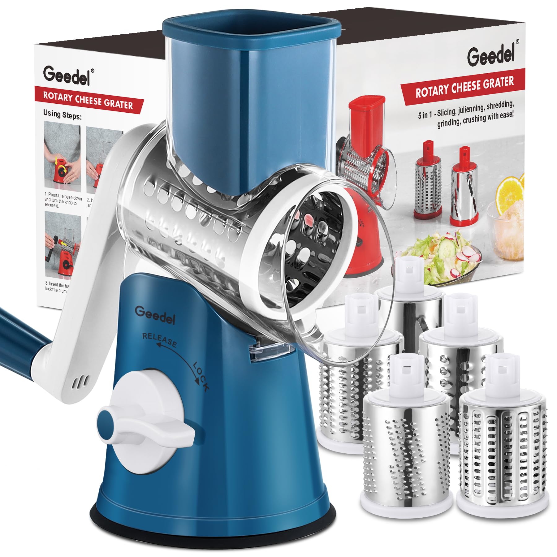 Geedel rallador rotatorio 5 en 1 con mango ergonómico para uso cómodo