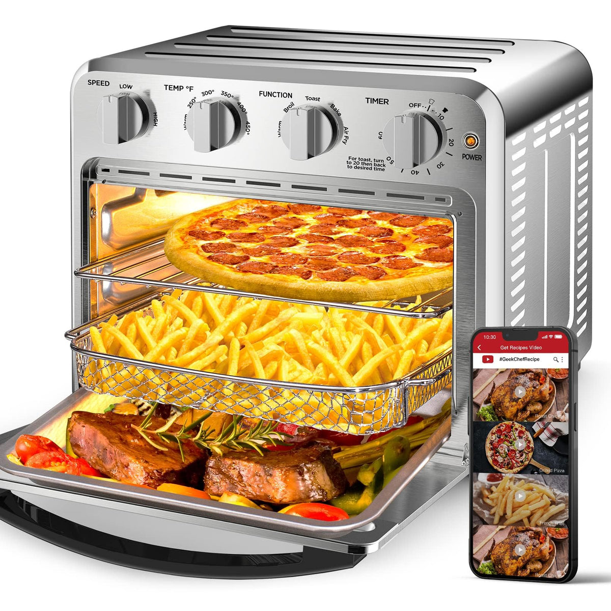 Geek Chef freidora de aire 16qt frente: preparación rápida para cenas familiares.