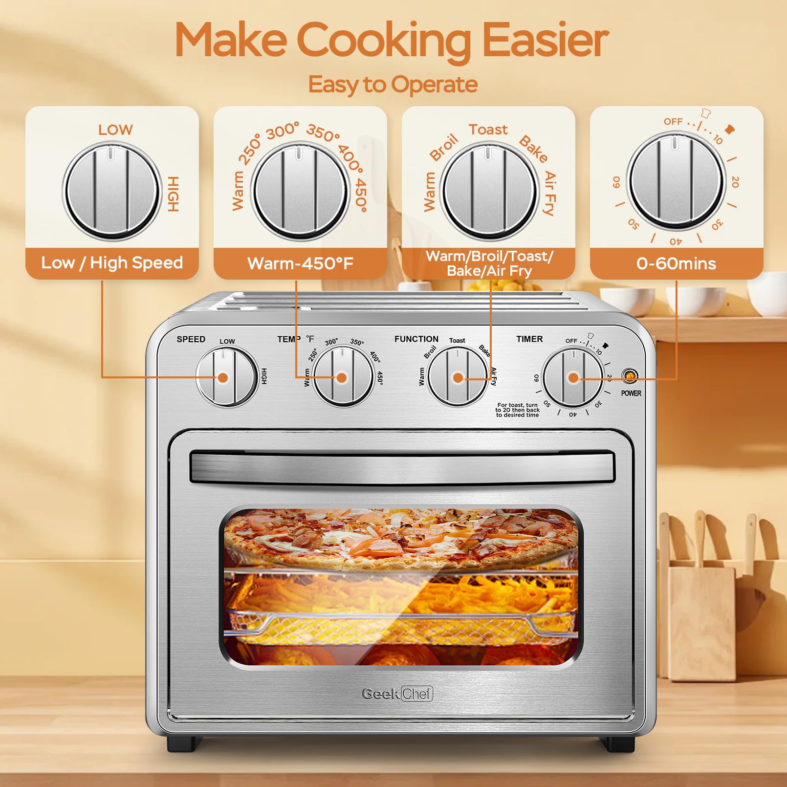 Geek Chef Horno Aire accesorios incluidos: bandeja y rejilla versátiles