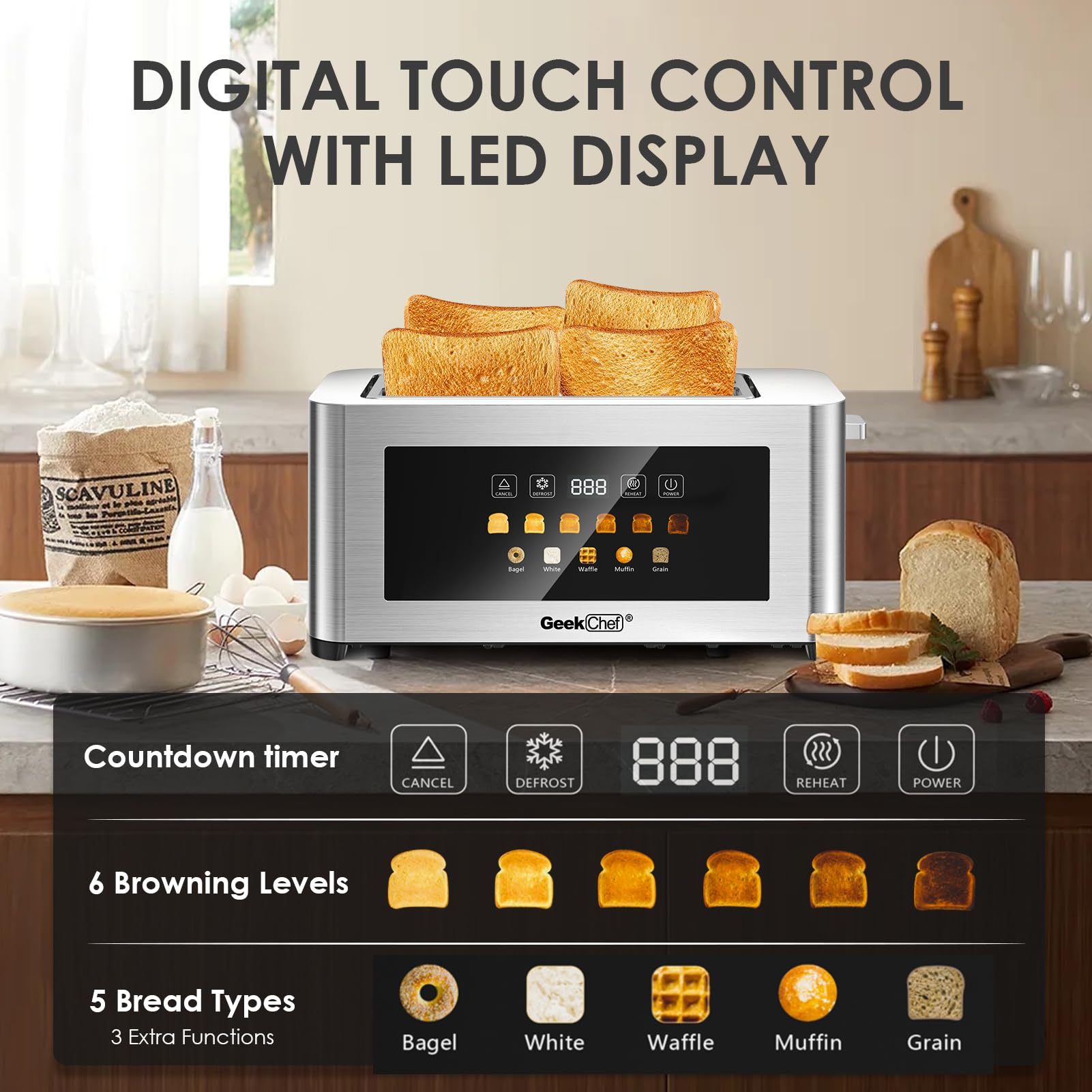 Pantalla táctil de Geek Chef para elegir pan y dorado con facilidad