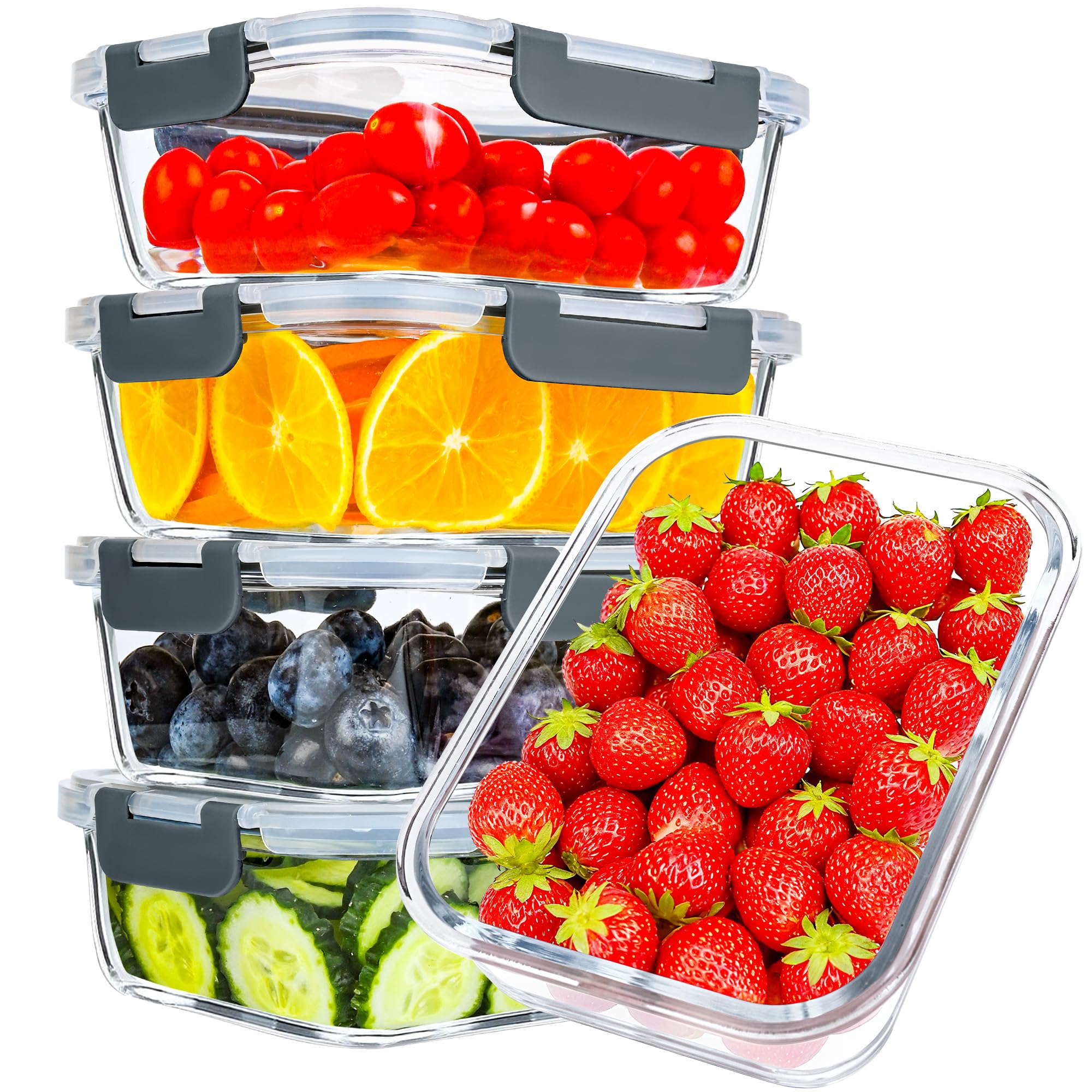 GEHE paquete 5 contenedores de vidrio 36oz con tapas, ideal para preparación de comidas y almacenamiento.