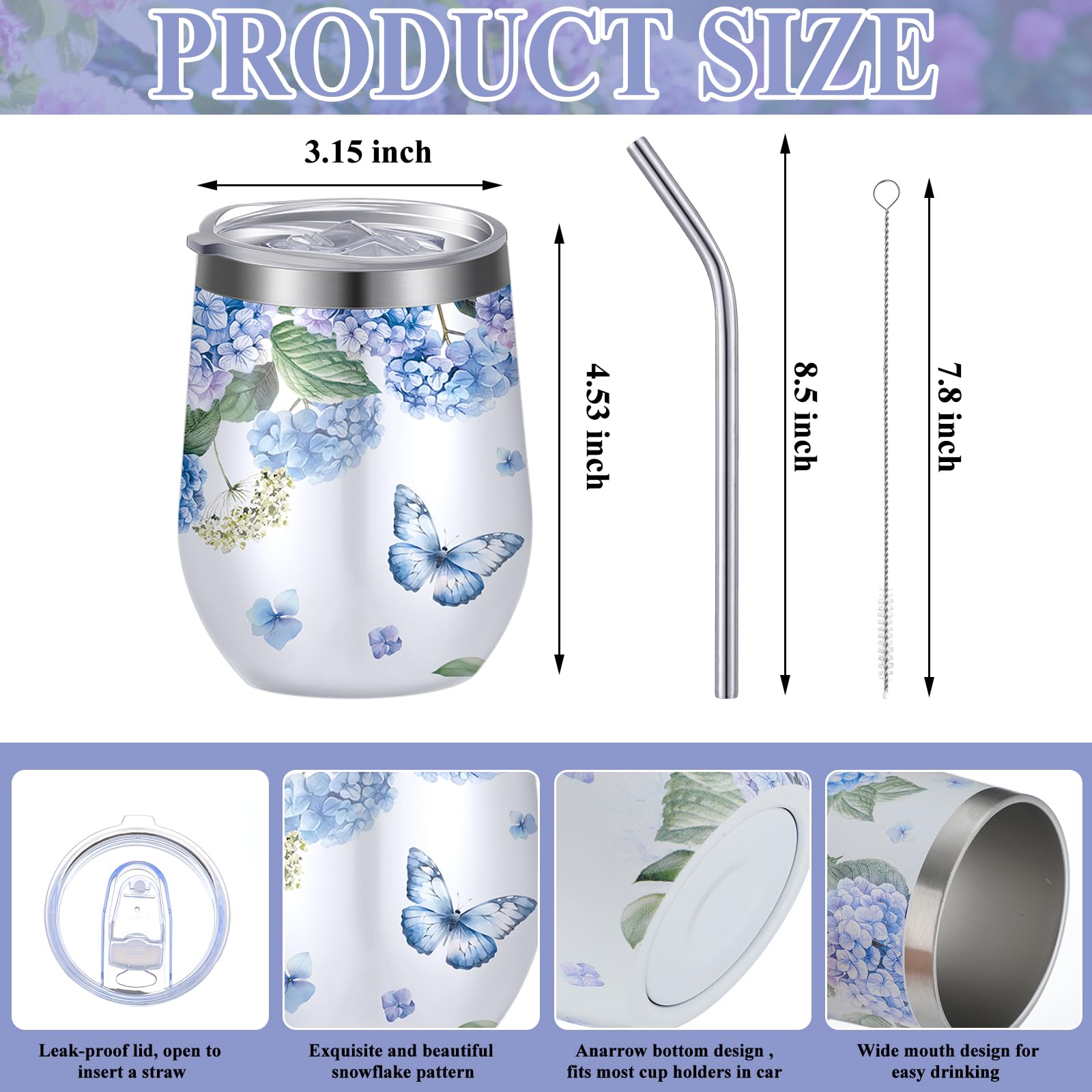 Geiserailie vaso aislado 12oz con tapa y Hortensia azul para viajes.
