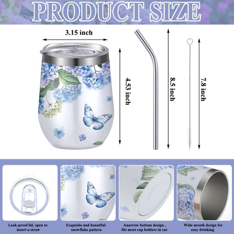 Geiserailie vaso aislado 12oz con tapa y Hortensia azul para viajes.