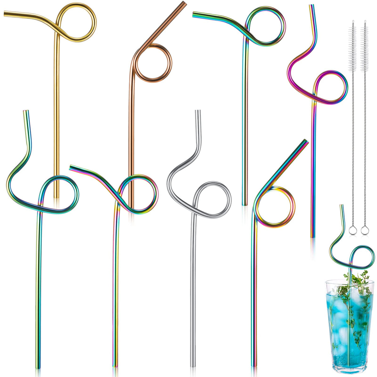 Pajillas Gejoy de acero inoxidable con diseño curvo para bebidas grandes.