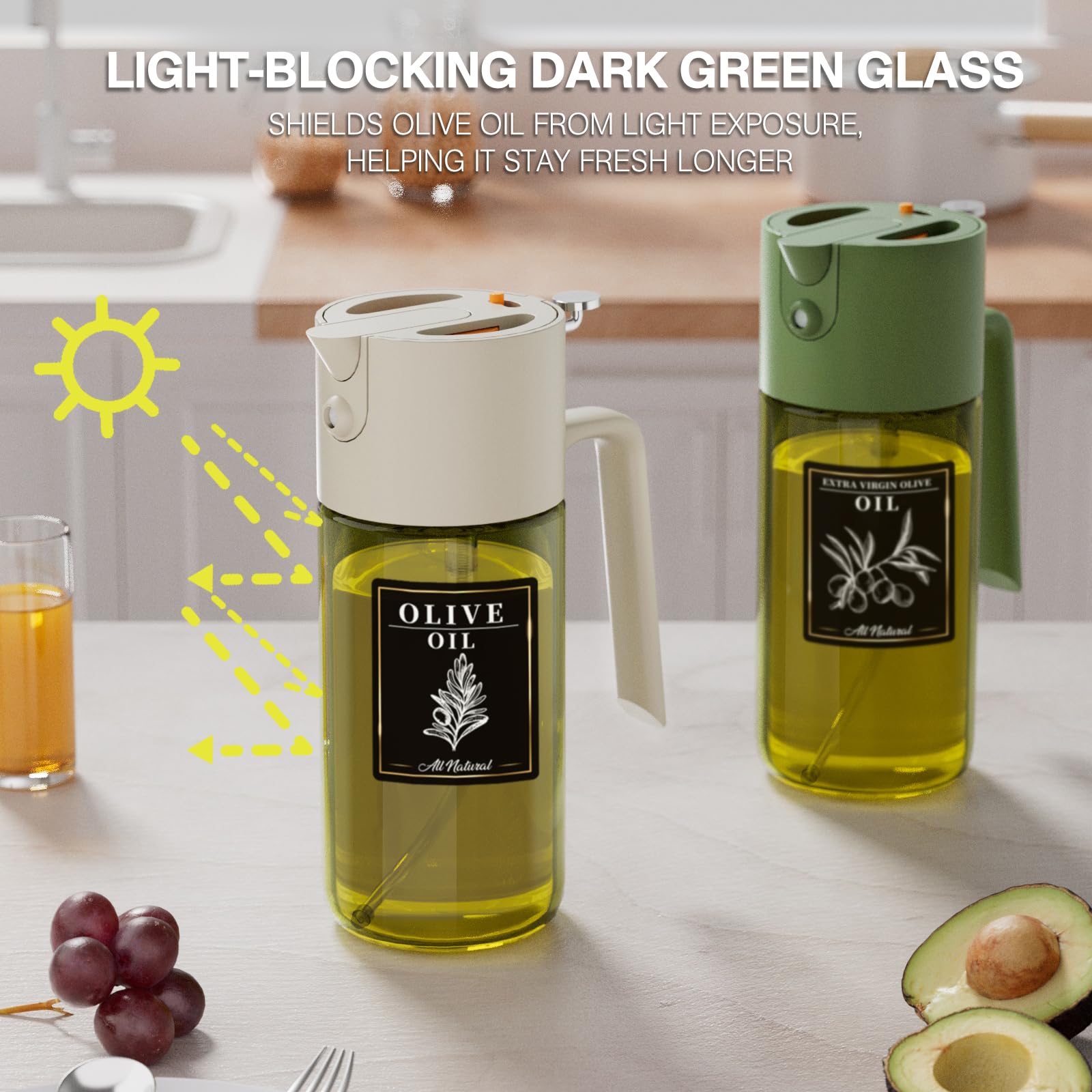 Gelibo vidrio oscuro verde para aceite, conserva frescura y sabor.