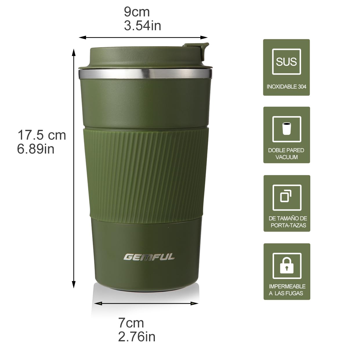 Taza GEMFUL de acero inoxidable mantiene bebidas frías o calientes por más tiempo.