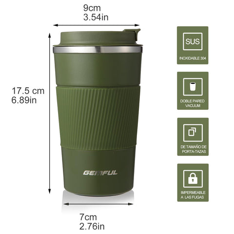 Taza GEMFUL de acero inoxidable mantiene bebidas frías o calientes por más tiempo.