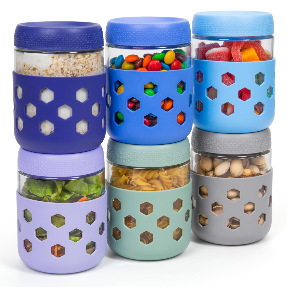 Gemice tarros de vidrio 16oz con manga de silicona para agarre cómodo.