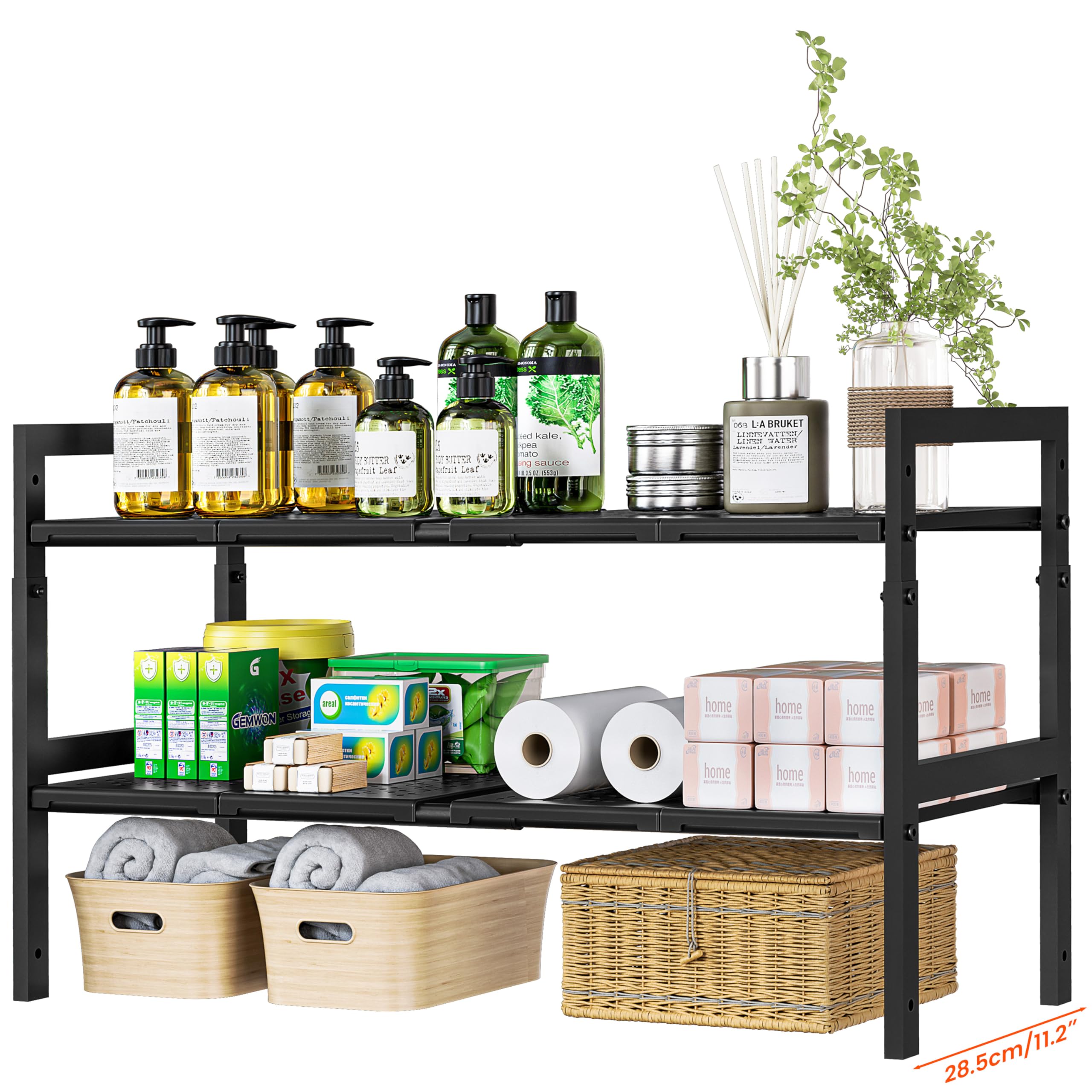 GEMWON organizador bajo fregadero, dos niveles, vista general con estructura estable.