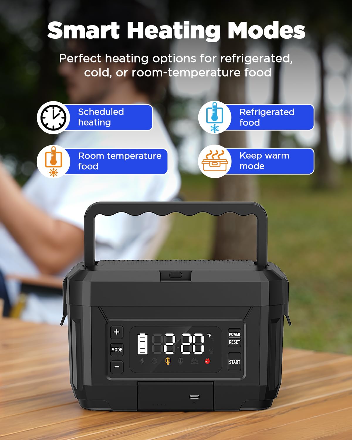 Genasmil batería removible de 20000mAh para calentar sin enchufes y servir como banco de energía.