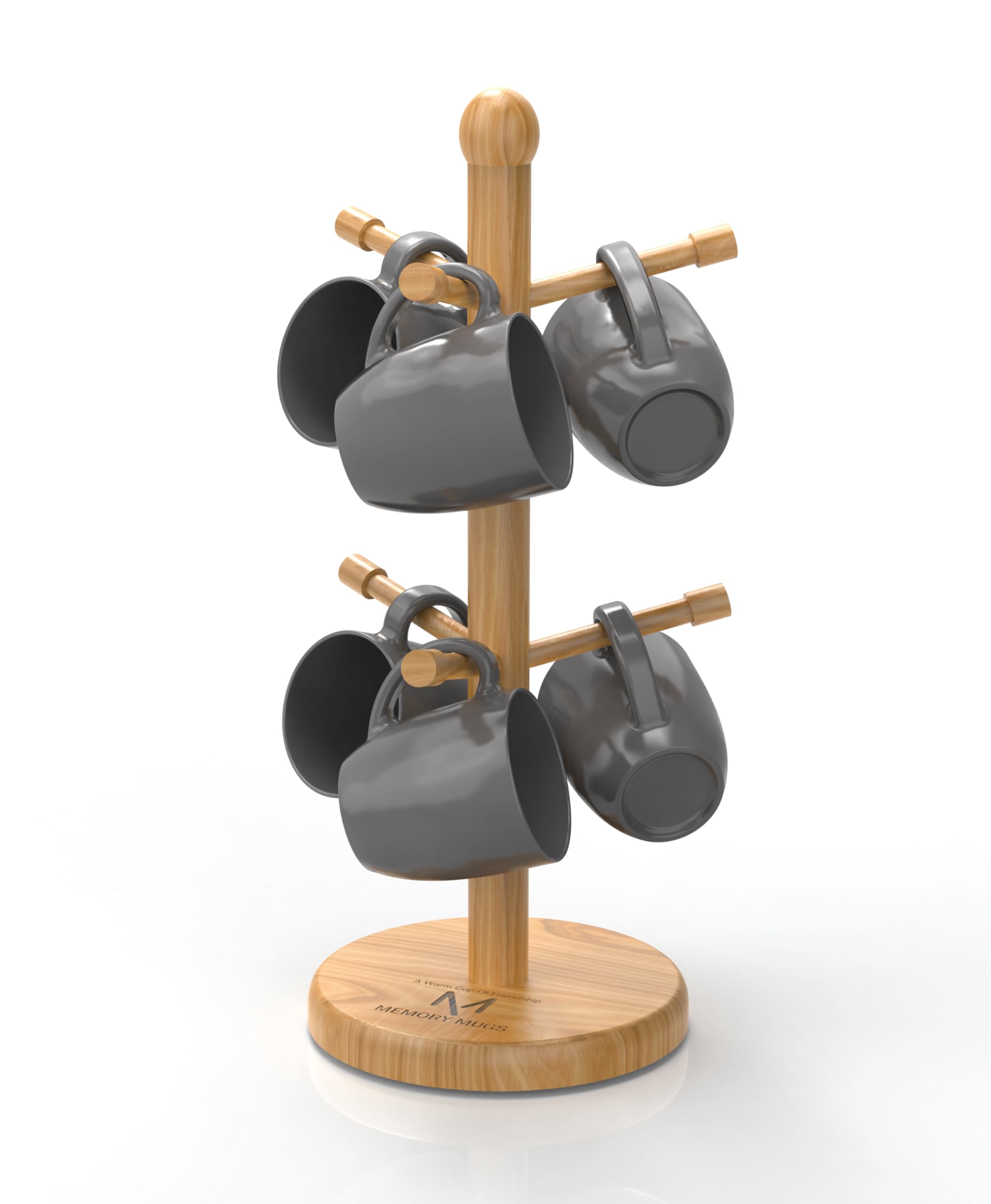 Generic arbol porta-tazas de bambú con seis ganchos, organización elegante para la cocina.