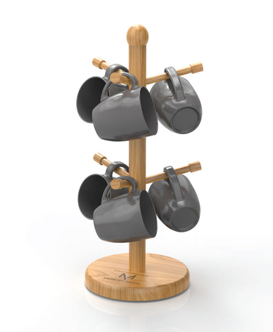 Generic arbol porta-tazas de bambú con seis ganchos, organización elegante para la cocina.