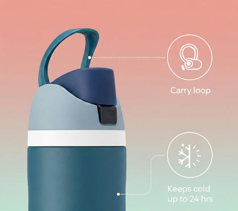 Botella genérica azul denim, antideslizante para un agarre seguro durante el ejercicio.